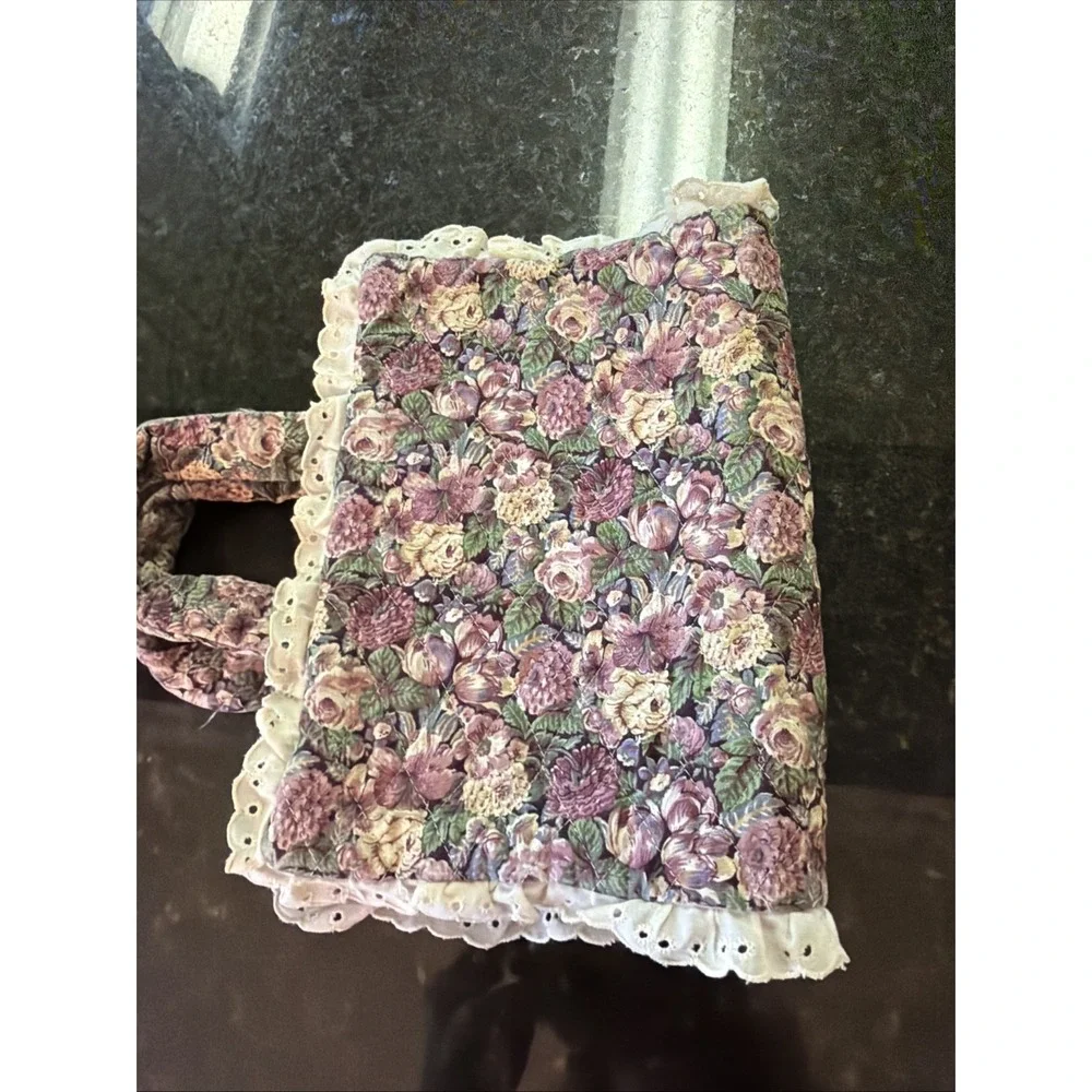 Vintage Handmade Cloth Bible Cover Floral Cottage Core Handles Ric Rac Ruffles